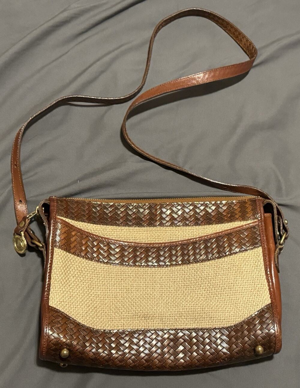 Vintage Brahmin Brown Woven Leather Beige Canvas Purse Shoulder Bag Basket Weave
